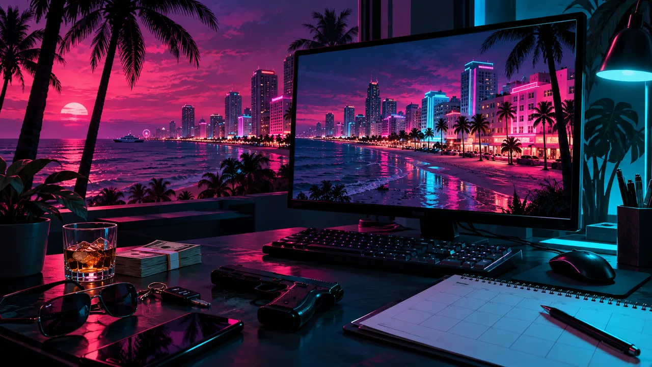 AI illustration: A PC monitor and empty calendar on a magenta-lit desk facing a tropical city.