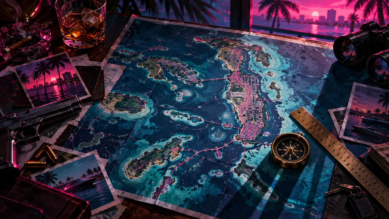 AI illustration: A fictional coastal map with a ruler and compass under pink and blue light.