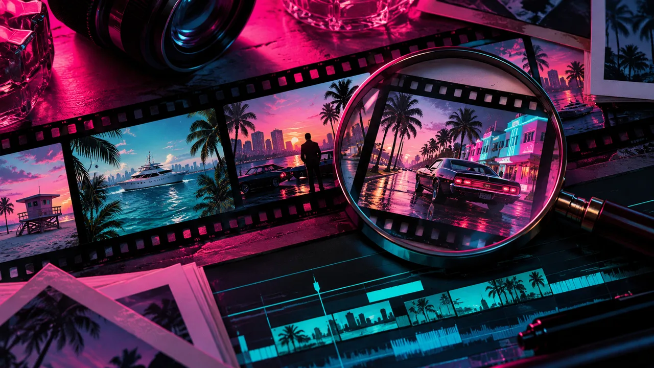 AI illustration: Film strips and a magnifying glass on a neon-lit editing desk.