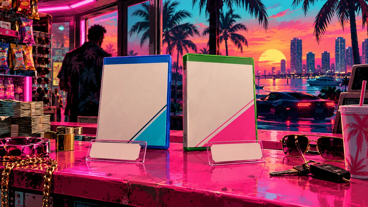 AI illustration: Two unbranded game cases with blank price tags on a neon shop counter.
