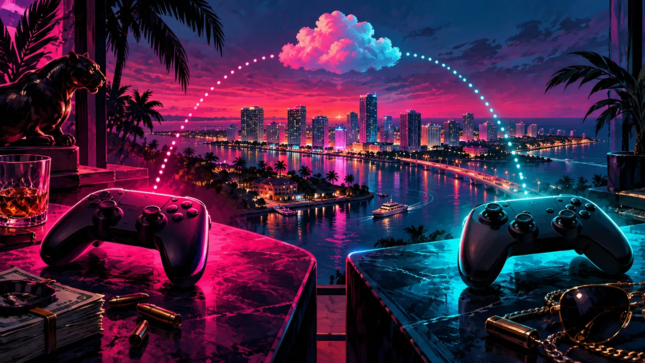 AI illustration: Two controllers on separate lit surfaces with disconnected dotted lines above a city.